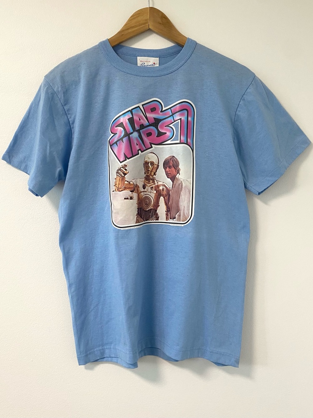 Vintage 1977 Star Wars Tee Single Stitch Heat Transfer C3PO Luke Skywalker Blue